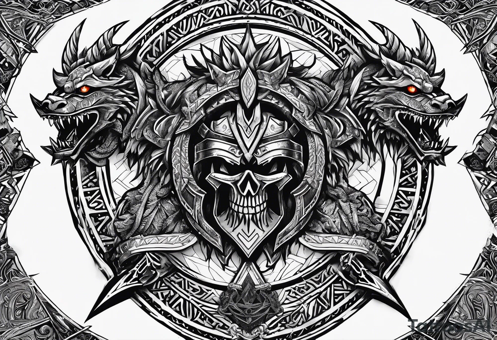 Valhalla sword shield dragon axe Valknut barbed wire chains tribal tattoo idea Valhalla sword shield dragon axe Valknut barbed wire chains tribal tattoo idea