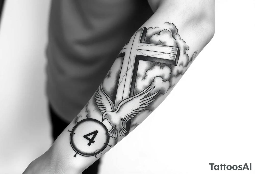 Big cross with clouds in the back with a dove a the bottom left of the forearm with a blue circle around it and the number 4 to the of the dove. all on forearm tattoo idea
