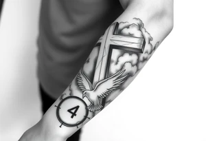 Big cross with clouds in the back with a dove a the bottom left of the forearm with a blue circle around it and the number 4 to the of the dove. all on forearm tattoo idea