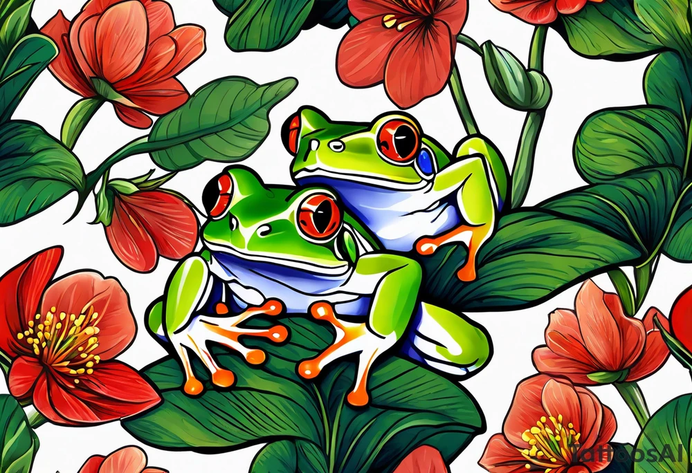2 Red-eye tree frogs one big and one small sitting on a flower tattoo idea