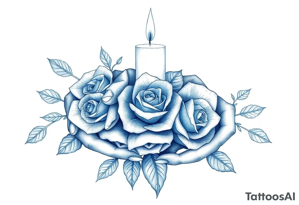 Two hands, roses, two candles, blue tattoo idea
