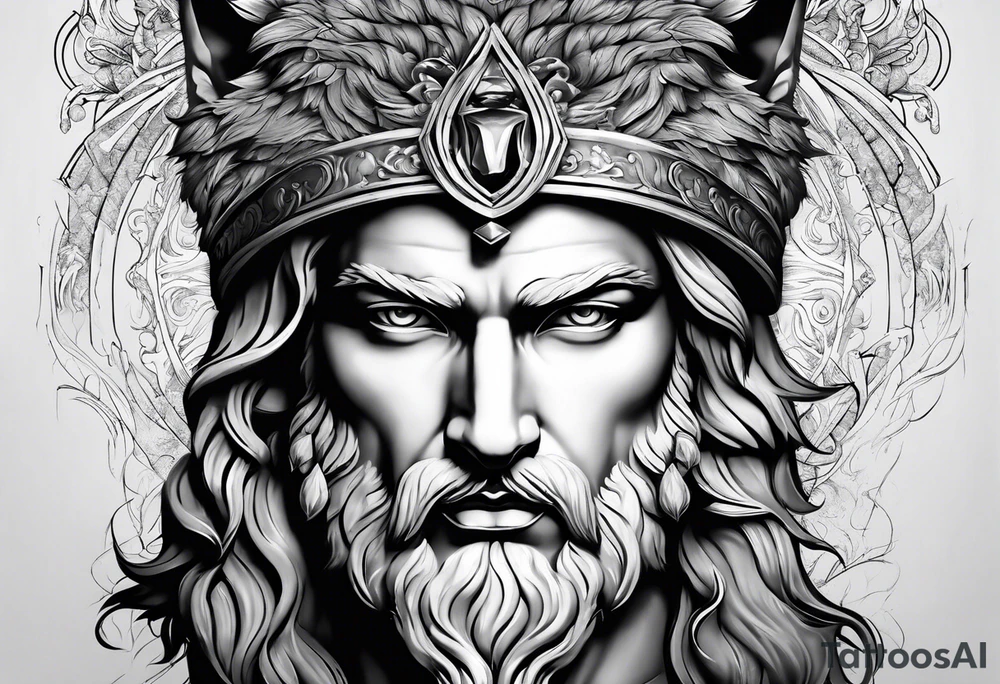 greek god zeus, full sleeve, attractive female face with wolf headress, chemical formula for protein, wolf, full body zeus tattoo idea