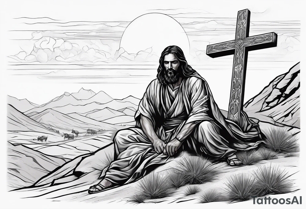 man crawling in a desert reaching to the cross of Christ tattoo idea