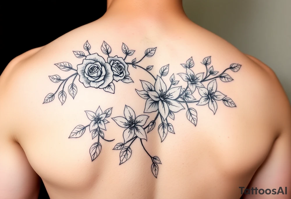 Orchard vines with roses and lilies on the arm tattoo idea