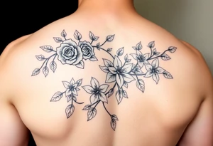 Orchard vines with roses and lilies on the arm tattoo idea