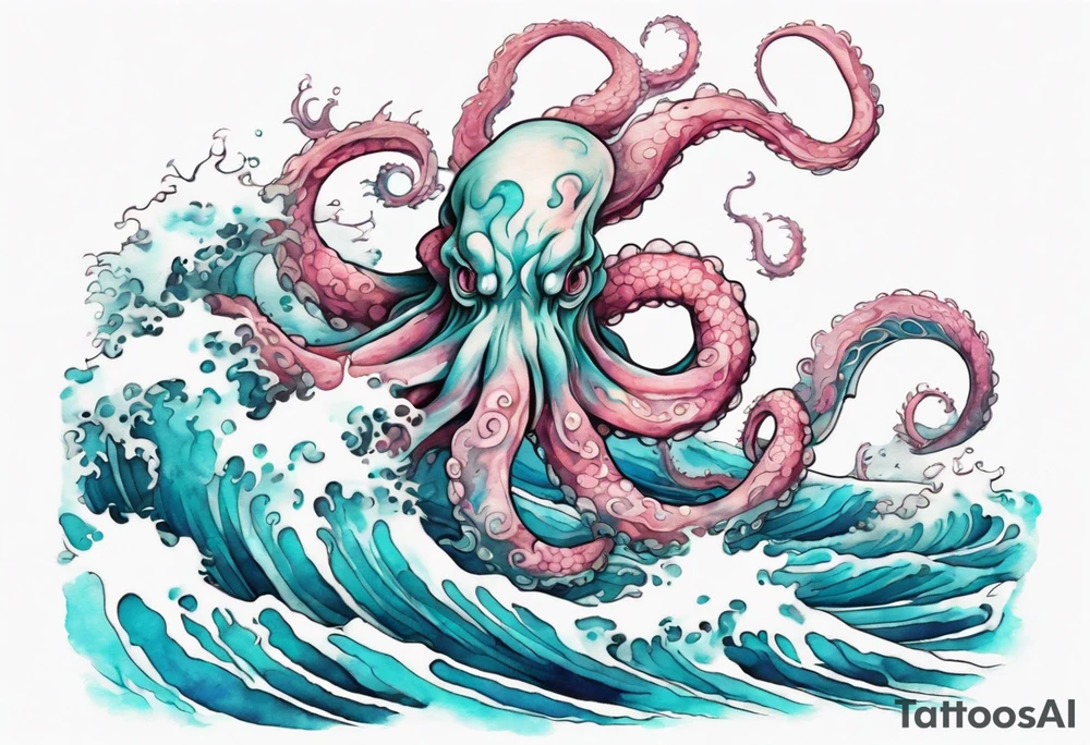 a beautiful turquoise and white and pink kraken rising from the blue waves of the ocean tattoo idea