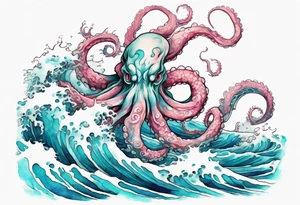 a beautiful turquoise and white and pink kraken rising from the blue waves of the ocean tattoo idea