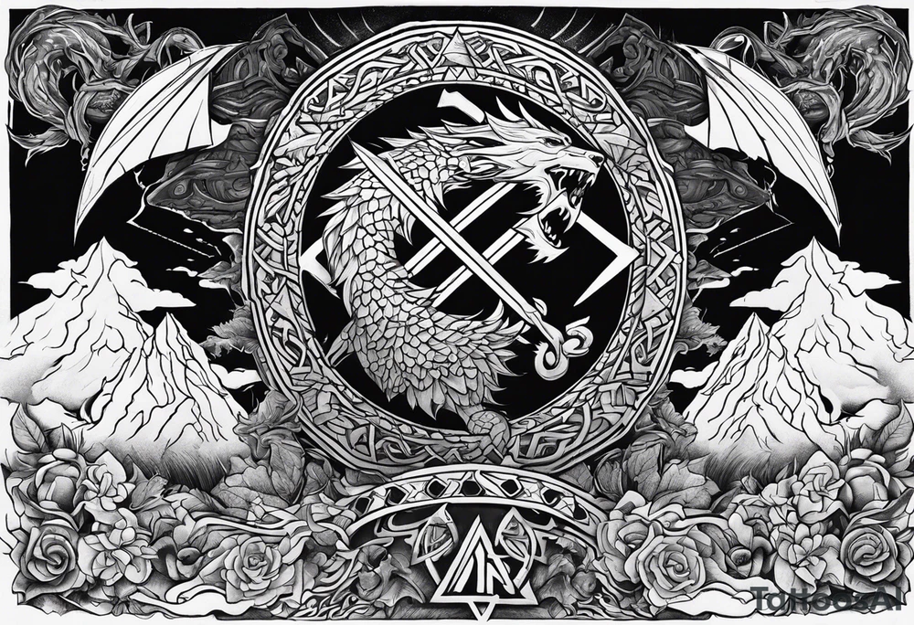 Valhalla sword shield  axe  dragon lion
Valknut  ruins lightnings tattoo idea
