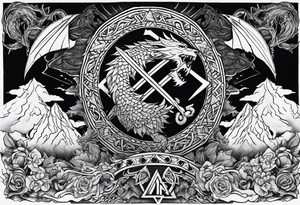 Valhalla sword shield  axe  dragon lion
Valknut  ruins lightnings tattoo idea