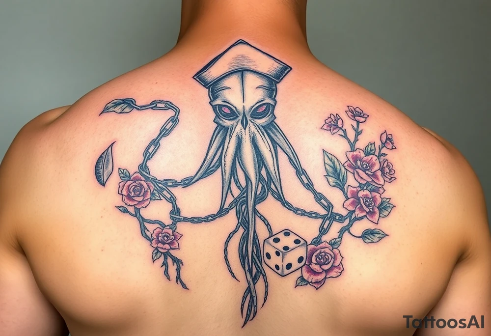 Squid and knight and sailor hat combined with chains, tree roots, cherry blossoms and roses rolling dice tattoo idea
