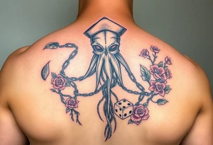 Squid and knight and sailor hat combined with chains, tree roots, cherry blossoms and roses rolling dice tattoo idea