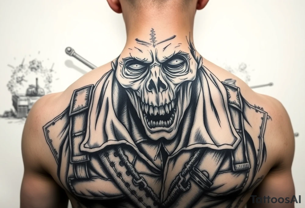 Close-up of a zombie soldier's face, torn uniform, with a tank and explosions in the background. tattoo idea