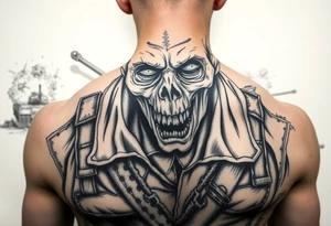 Close-up of a zombie soldier's face, torn uniform, with a tank and explosions in the background. tattoo idea