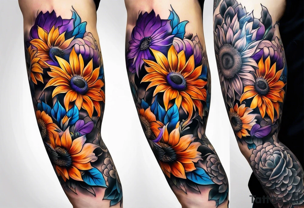 Full leg sleeve with purple, orange and blue sunflowers tattoo idea