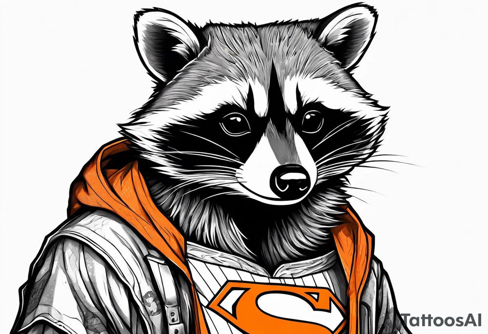Raccoon wearing an orange Superman hoodie tattoo idea