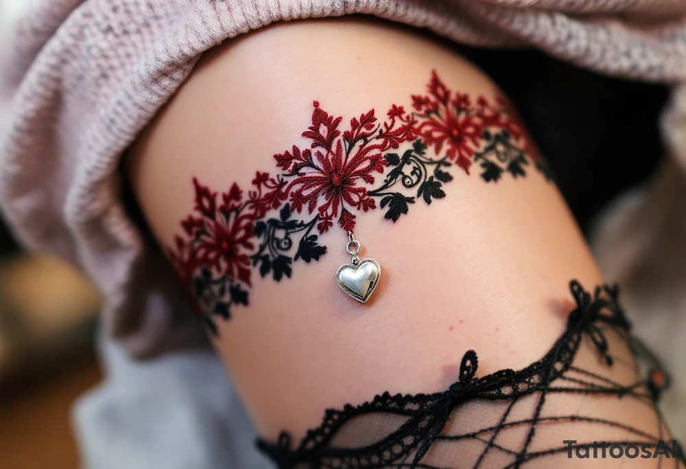 ChatGPT řekl:
A garter tattoo designed as a deep red lace band wrapped snugly around the thigh, featuring intricate black embroidery details, a dangling silver heart charm, and soft shadowing for a realistic 3D effect. tattoo idea