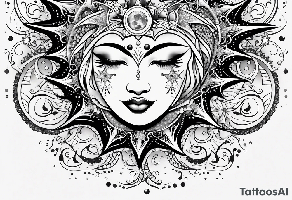 Feminine Sun and moon. long rectangular sternum swirls with dots and stars tattoo idea