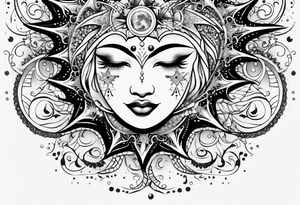 Feminine Sun and moon. long rectangular sternum swirls with dots and stars tattoo idea