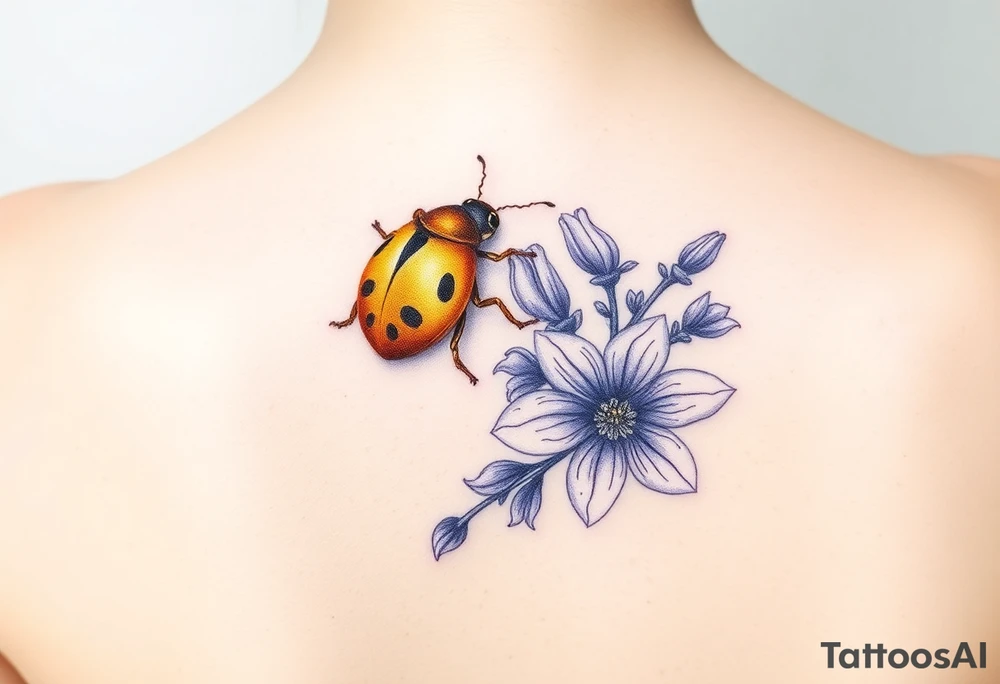 Golden or yellow ladybug on a lavender flower tattoo idea