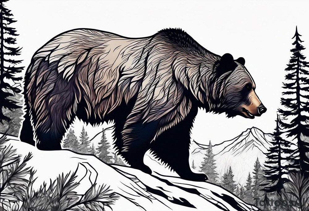 grizzly bear mountain forest tattoo idea
