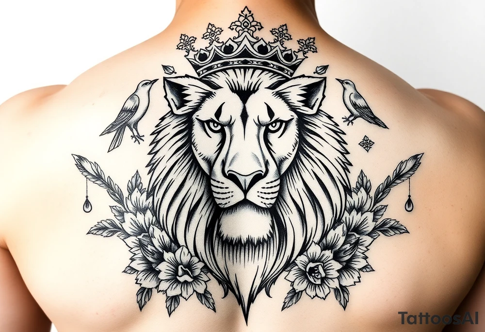 powerful majestic lion with a crown, surrounded by floral ornaments and birds tattoo idea
