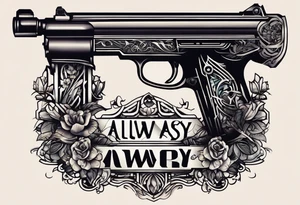 The letters AR with a pistol on each side and the word always on the top and the word ready on the bottom tattoo idea