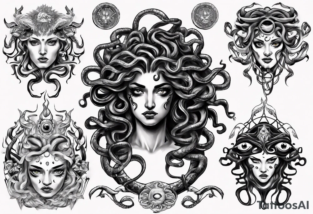 Powerful lusty Medusa white eyes tattoo idea