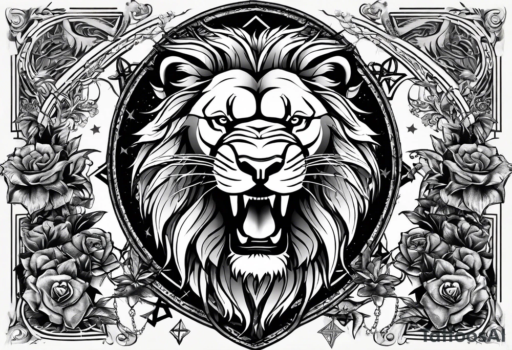 One roaring lion, next to it a roaring lioness, below them 3 roaring lion cubs and around a Star of David tattoo idea