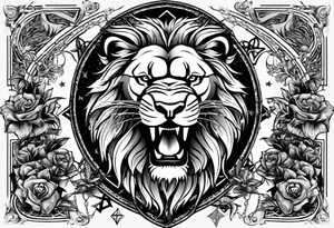 One roaring lion, next to it a roaring lioness, below them 3 roaring lion cubs and around a Star of David tattoo idea