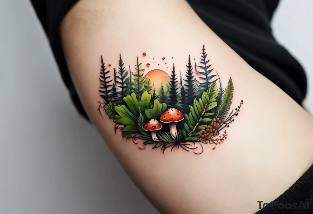 minimalistic forest floor inspired tattoo, which includes grass, moss, curly ferns and dead leaves as the bulk of the tattoo. details to include: forest berries, couple of very small brown mushrooms, a tiny bumblebee flying nearby tattoo idea