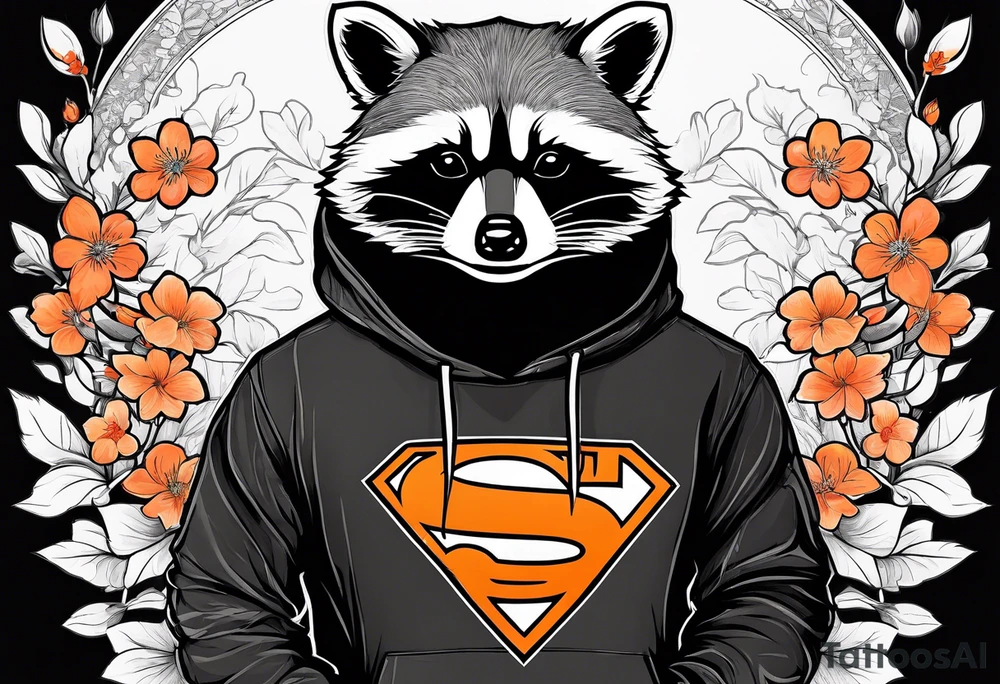 Raccoon wearing a white Superman logo on a black hoodie and orange Japanese cherry blossoms tattoo idea