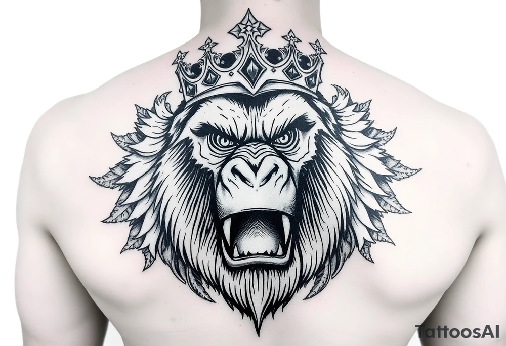 Powerful king kong with crown and majestic features around it tattoo idea