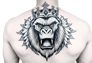 Powerful king kong with crown and majestic features around it tattoo idea