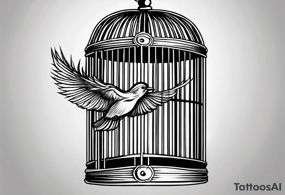 A simple open bird cage with a bird flying out, with the words ‘be free’ tattoo idea