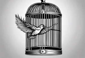 A simple open bird cage with a bird flying out, with the words ‘be free’ tattoo idea