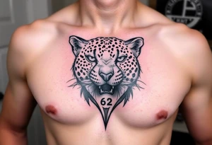 realistic cheetah on the chest with the number 62 somewhere around it tattoo idea