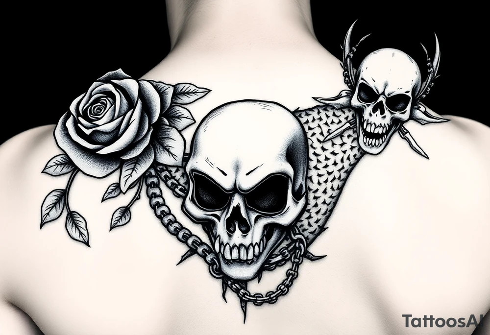 gothic fairy tale vibe we talked about: dark, thorny roses, skulls peeking through shadows, a bit of wild creature energy. Not perfect matches, but imagine tweaking 'em—rose from the eye, gator coiled like a guardian. This one's got that moody frame, vines creeping in—easy to swap in your Tudor rose and skull. Full-back chaos with skulls and chains... add the alligator jaws clamping down, and boom. tattoo idea