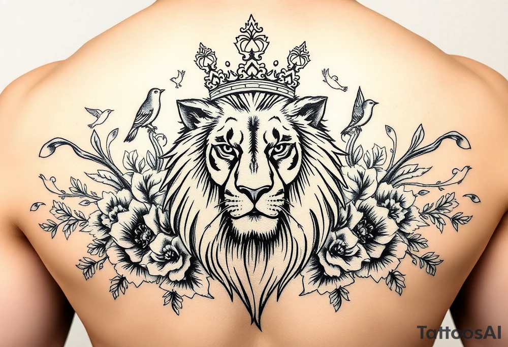 powerful majestic lion with a crown, surrounded by floral ornaments and birds tattoo idea