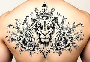 powerful majestic lion with a crown, surrounded by floral ornaments and birds tattoo idea