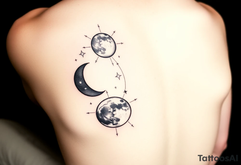 5 moon phases going vertical in this order waxing crescent, third quarter phase, full moon, first quarter phase, third quarter phase with the Capricorn constellation without connecting lines just the stars behind it tattoo idea