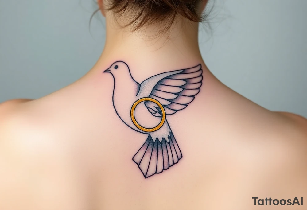 A collared dove with a golden wedding ring clasped in its talons, in a soft golden hue with the dove in pale gray and white, symbolizing commitment and eternal love tattoo idea