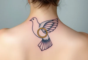 A collared dove with a golden wedding ring clasped in its talons, in a soft golden hue with the dove in pale gray and white, symbolizing commitment and eternal love tattoo idea