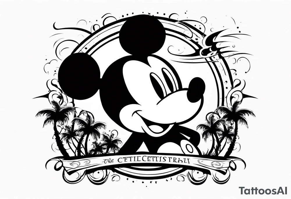 mickey mouse in a lightning storm with palm trees and the celtic symbol for family tattoo idea