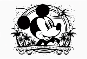 mickey mouse in a lightning storm with palm trees and the celtic symbol for family tattoo idea