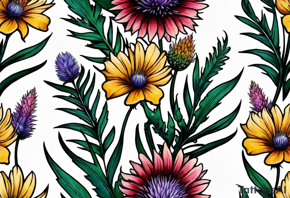 small vertical mixed wildflower bouquet with ferns, thistle and with color tattoo idea