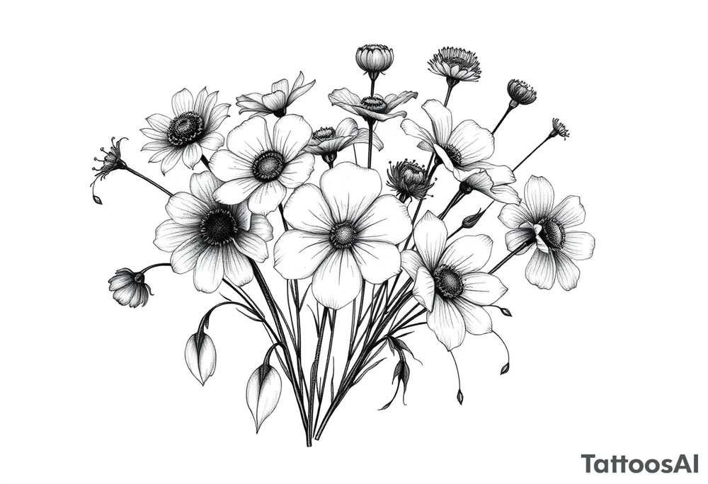 A cluster of wildflowers, with solid black shadows at the base and lighter stippling toward the petals. Some flowers in full bloom while some flowers dying, with petals dropping and falling, symbolizing the passage of time. tattoo idea