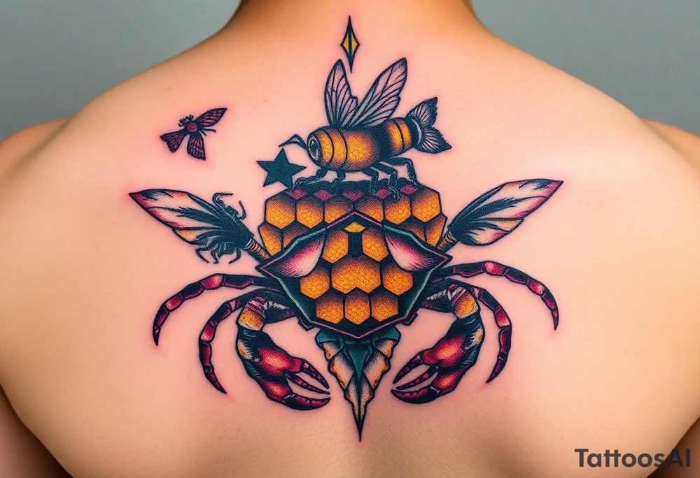 Honey comb bees, fish, crab tattoo idea