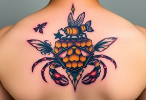 Honey comb bees, fish, crab tattoo idea