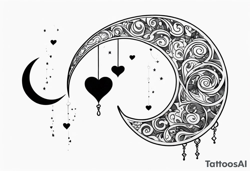 Crescent moon with hearts dangling from the bottom of it tattoo idea