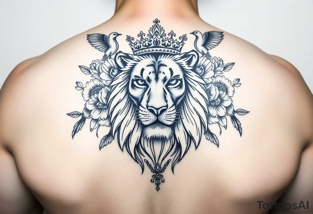 powerful majestic lion with a crown, surrounded by floral ornaments and birds tattoo idea